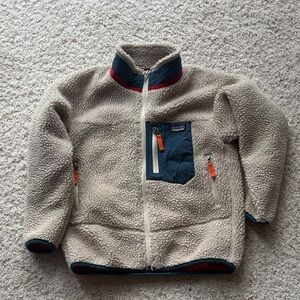 Patagonia Beige Fleece Jacket with Dark Blue and Orange Details